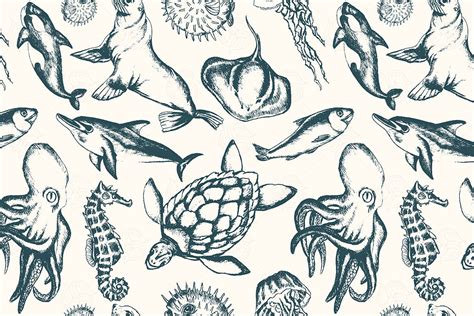 多品种海洋生物黑白手绘矢量图案花纹素材sea Creatures Hand Drawn Seamless Pattern 设计口袋