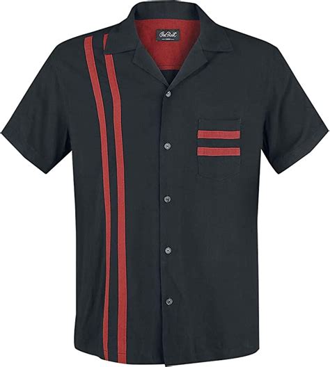 Chet Rock Lucky Stripe Bowling Shirt Men Short Sleeved Shirt Black Red
