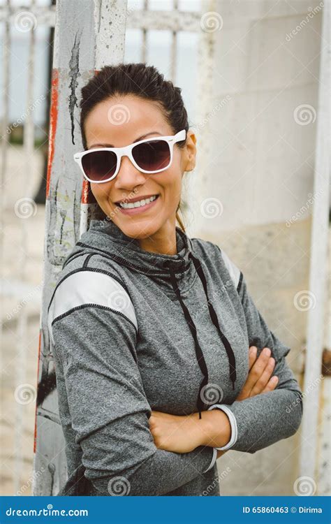 Successful Fitness Beautiful Woman Wearing Sunglasses Stock Image Image Of Arms Joyful 65860463
