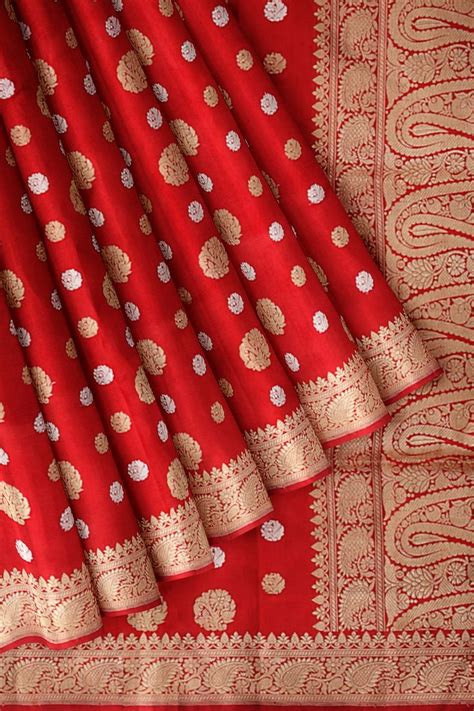 Red Pure Banarasi Silk Saree With Woven Butta And Paisley Motif Border And Pallu In 2020