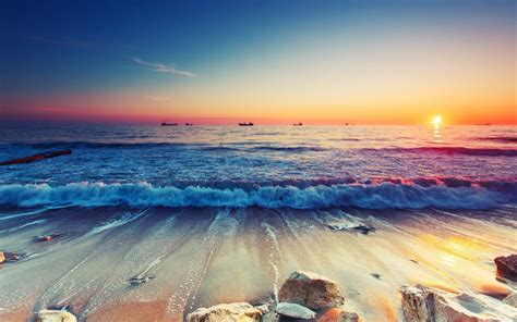Sunset Sandy Beach Sparkling Waves Ultra Hd 4k Resolution