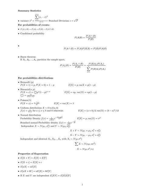 Formula Sheet Mid2 Summary Statistics • Variance S2 In X I1 Xi −