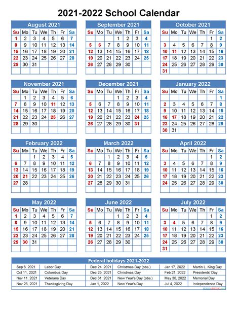 2021 And 2022 School Calendar Printable Portrait Template Noscl22a3
