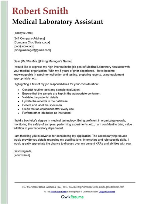 Medical Laboratory Assistant Cover Letter Examples Qwikresume