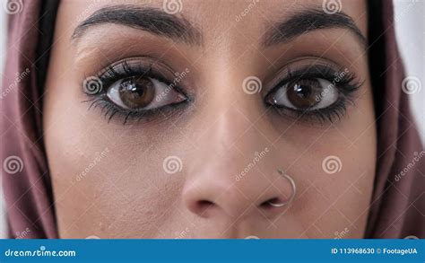 Close Up Of Female Indian Sad Eyes Young Beautiful Serious Indian Girl In Pink Hijab Looking At
