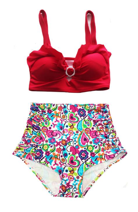 Red Top And Vivid Colors Colorful High Waist Waist Bottom Chic Trendy
