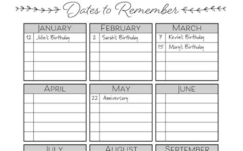 Dates To Remember Free Printable