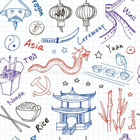 Hand Drawn Doodle China Symbols Seamless Pattern Stock Vector