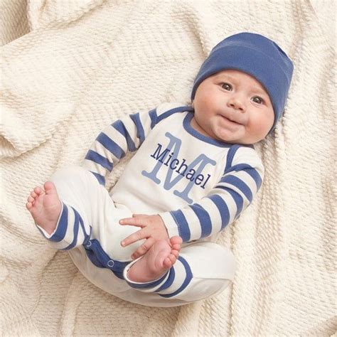 Personalized Newborn Boy Take Home Outfit In Ivory And Blue Stripe With