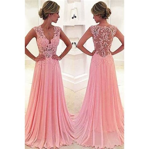 Beautiful A Line Prom Evening Dress V Neck Sheer Back Pink Chiffon With