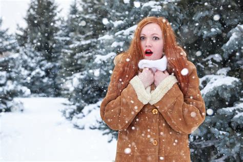Surprised Woman Winter Outdoor Portrait Snowy Fir Trees Background