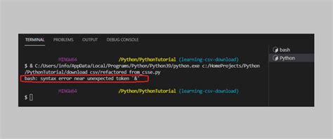Terminal Message Bash Syntax Error Near Unexpected Token In Visual Studio Code DEV