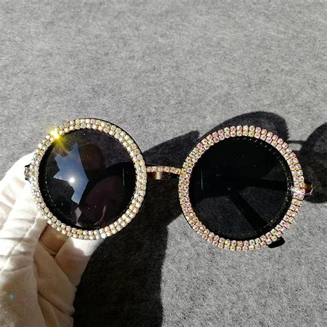 round rhinestone sunglasses for women crystal metal frame summer shades in sunglasses from women