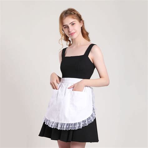 women vintage waist apron lace ruffles with 2 pockets headband maid costume ebay