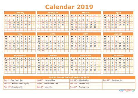 Yearly Calendar 2019 With Holidays Printable Us Edition