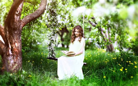 Girl Sitting On A Swing And Reading A Book Wallpapers And Images Wallpapers Pictures Photos