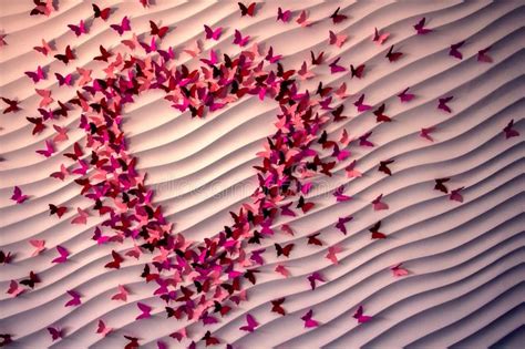 Heart Of Pink Paper Butterflies On A White Wall Stock Image Image Of