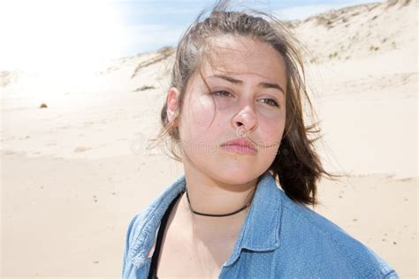 Young Teenager Girl Standing Sand Dune Beach Shoreline Stock Photo