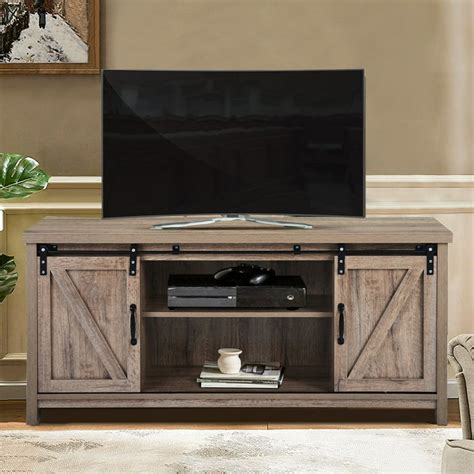 Fitueyes Farmhouse Barn Door Wood Tv Stands For 70 Flat