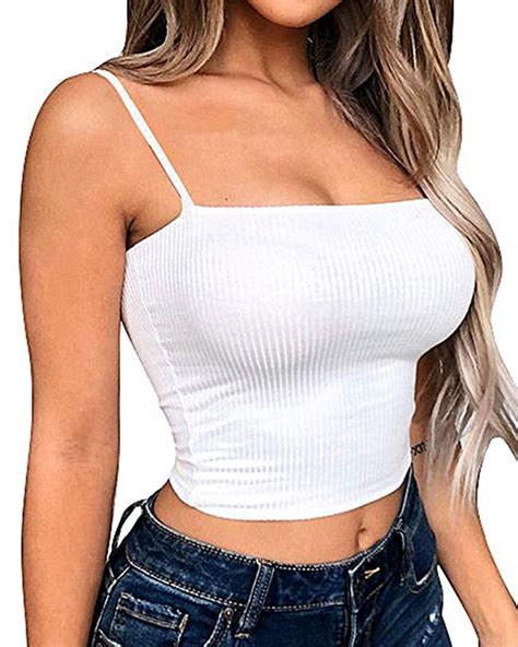 Ymduch Womens Sexy Crop Top Stretch Spaghetti Strap Ribbed Knitted