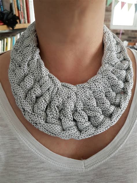 Bib necklace, crochet necklace, fabric necklace, t-shirt necklace, statement necklace, white 