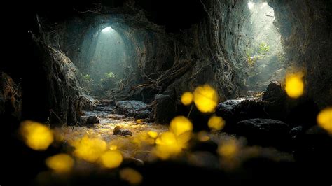 Dramatic Light In Dark Cave Landscape With Fireflies Mysterious And