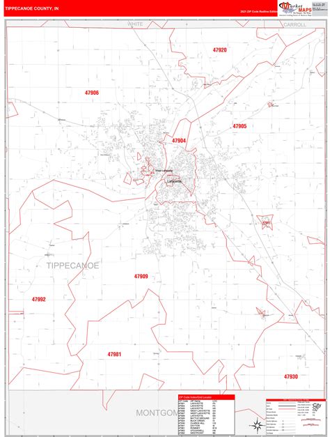 Tippecanoe County In Zip Code Wall Map Red Line Style By Marketmaps