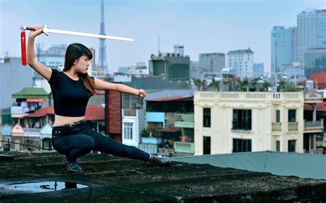 Wallpaper Sports Women Asian Jumping Sword Crop Top Rooftops