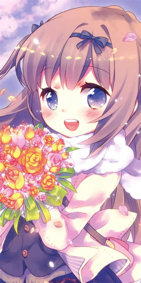 Download Wallpaper 1080x2160 Anime Girl Cute Flowers Bouquet Honor