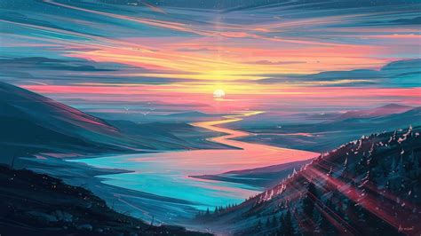 Sunset Over River Art 4k Ultra Hd Wallpaper 3840x2160