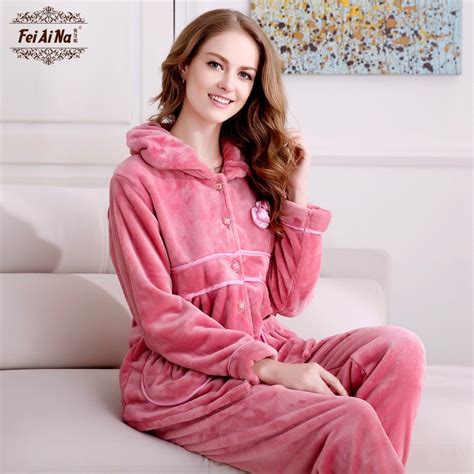 Womens Winter Long Sleeve Coral Fleece Pajamas Thick Flannel Leisure