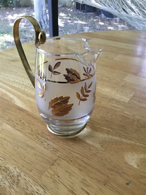 Vintage Libbey Glass Pitcher Smaller Pitcher With Gold Leaves Etsy