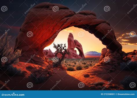 Red Rock Formations Of Arch At Sunset In Desert Stock Illustration