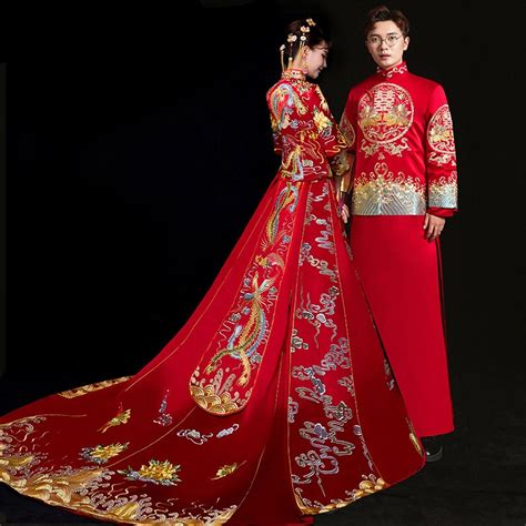Bride Groom Cheongsam Vintage Chinese Style Wedding Dress Clothing Lady Embroidery Phoenix Gown