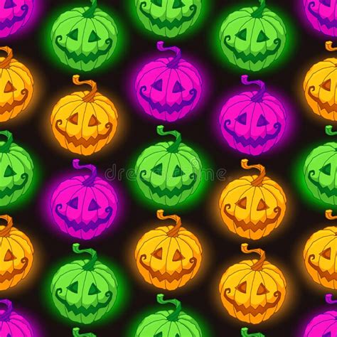Halloween Vector Pattern Seamless Background With Cute Smiling Glowing