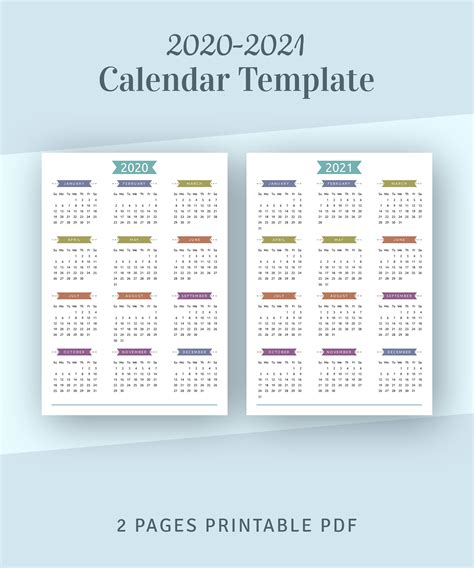 Printable Calendar 2020 2021 Year At A Glance Yearly Etsy