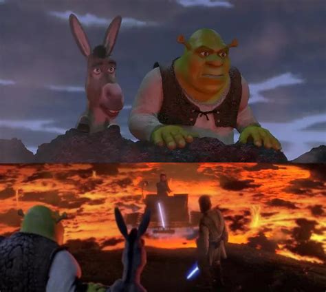 Shrek And Donkey Watch Anakin Skywalker And Obi Wan Kenobi Duel On