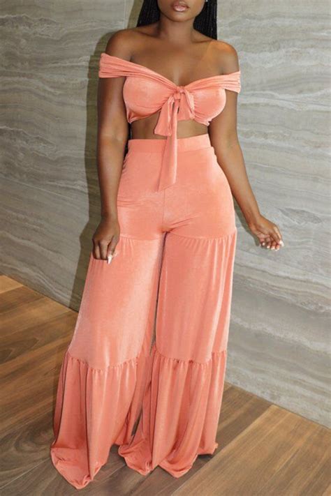 Pink Fashion Sexy Solid Backless Off The Shoulder Sleeveless Two Piecestwo Piece Pants Set