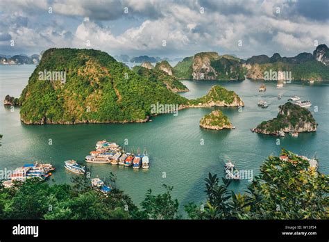 Ha Long Bay Panorama View Island And Rocks In The Sea With Ships