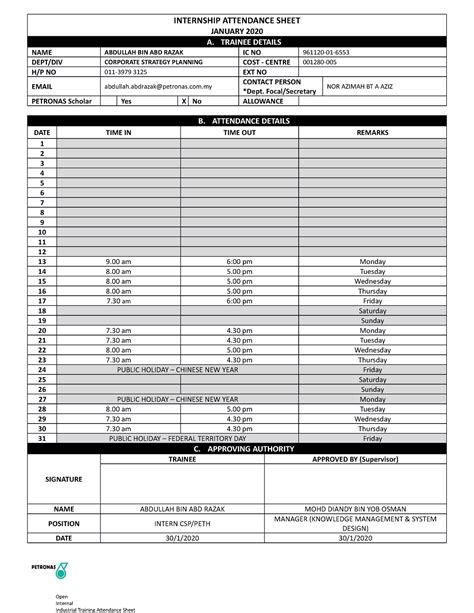 Abdullah Attendance Sheet Jan 2020 Internship Attendance Sheet
