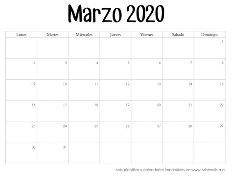 Calendario Marzo 2020 Para Imprimir Gratis