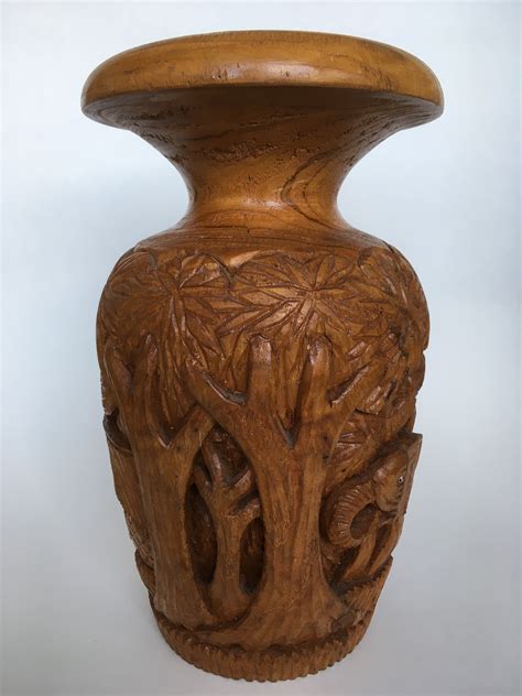 Vintage Hand Carved Wooden Vase Etsy