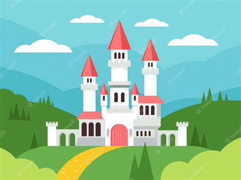 Premium Vector Fairytale Cartoon Flat Landscape With Castle Cute