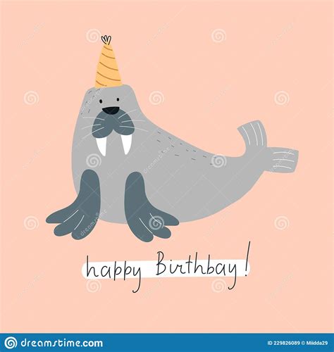 Happy Birthday Cartoon Walrus Hand Drawing Lettering Colorful