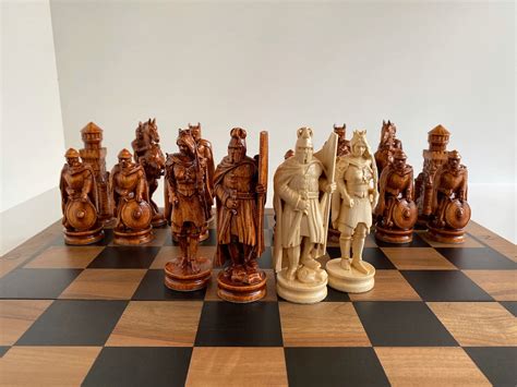 Medieval Wooden Chess Pieces Original Chess Pieces Wood Etsy