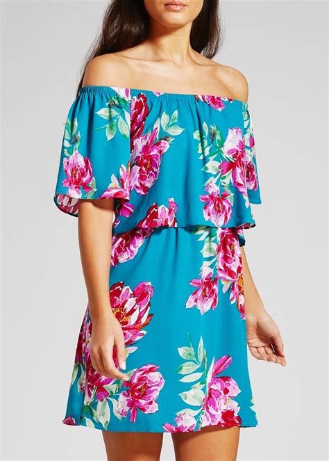 Floral Print Bardot Dress Turquoise Bardot Dress Dresses Floral