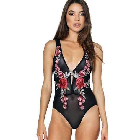 New Fashion Women Casual Deep V Neck Sleeveless Floral See Through Sexy Bodysuit Vy In Bodysuits