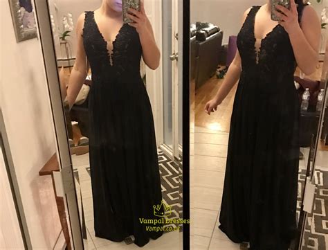 This wedding dress is ballet inspired and offers a feminine. Black V-Neck Lace Top Chiffon Bottom Sleeveless Long Prom ...