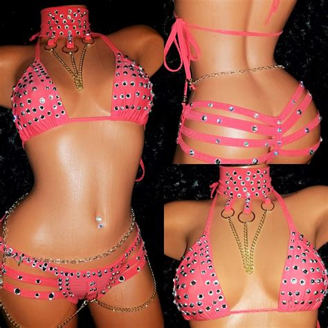 Etsy Thong Rhinestones Choker Triangle Top Stripper Outfits Pole Dancing Clothes Quad