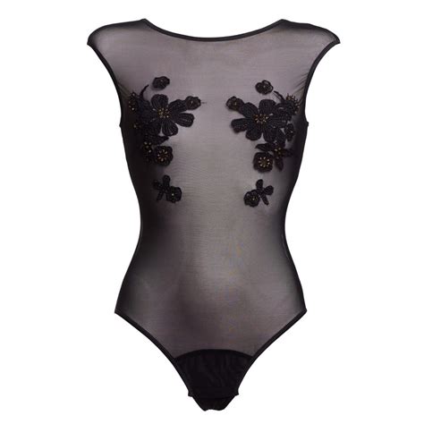 Black Mesh Body With Black Lace Applique And Open Back By Flash